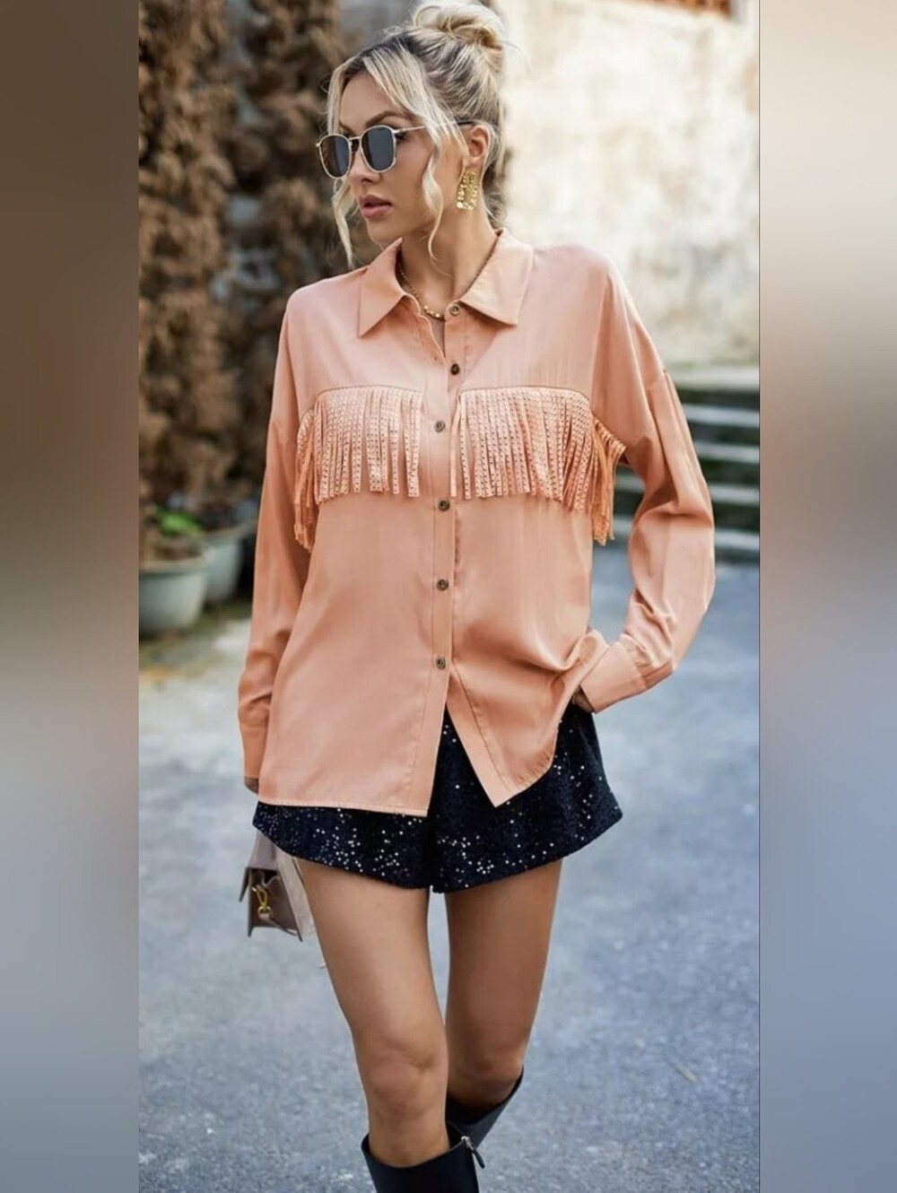 NWOT!Fall Fringe Western Cowgirl Glam Top Women's Long Sleeve Ranch Blouse Small